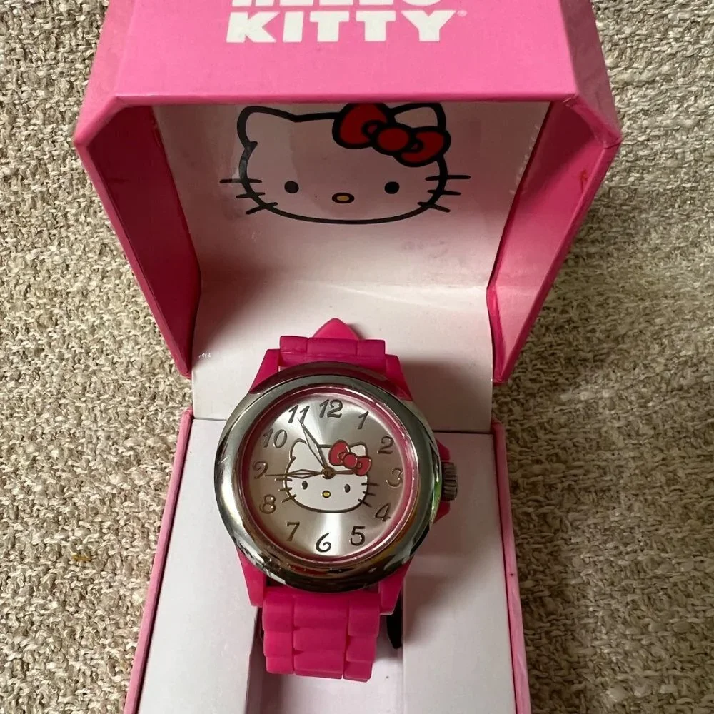 Hello Kitty Sanrio Watch Silver Bezel Pink Rubber Band